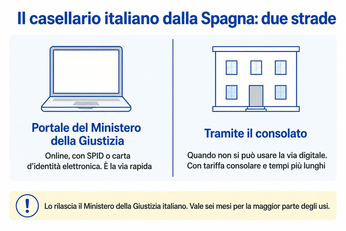 Il casellario italiano dalla Spagna: due strade: Portale del Ministero della Giustizia; Tramite il consolato