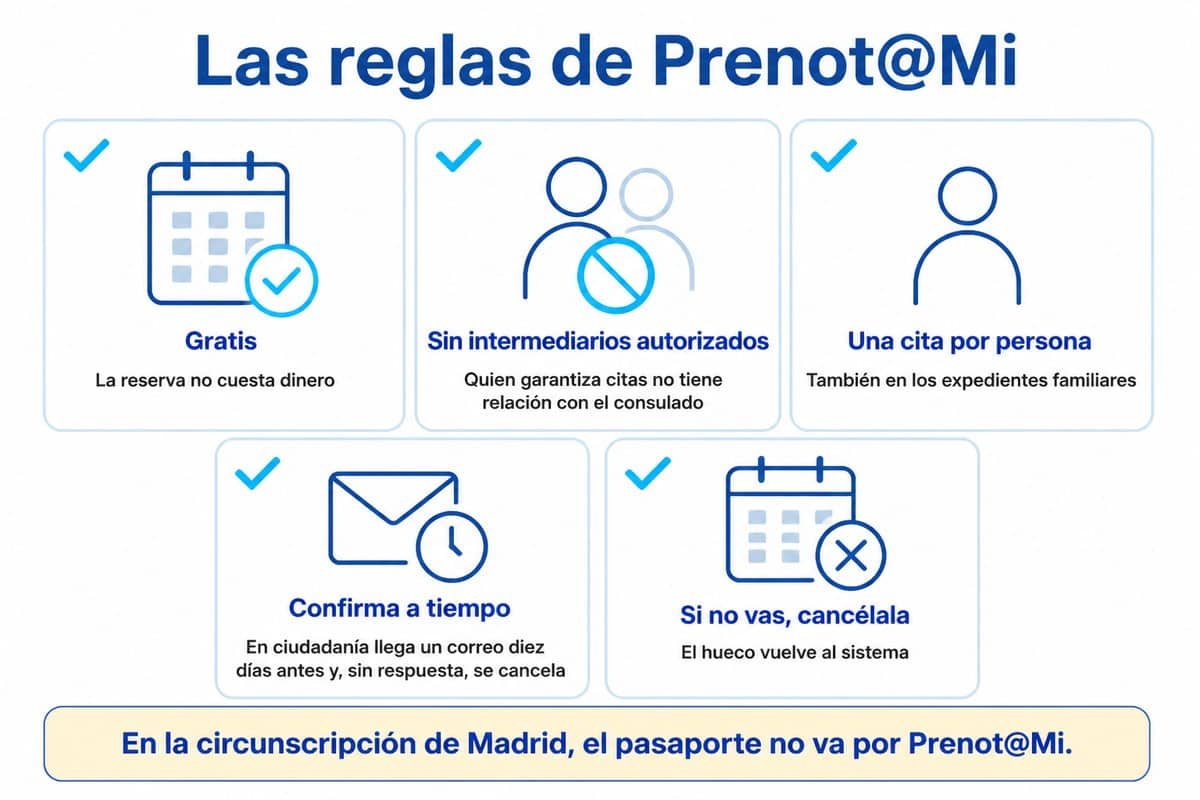 Las reglas de Prenot@Mi: Gratis; Sin intermediarios autorizados; Una cita por persona; Confirma a tiempo; Si no vas, cancélala