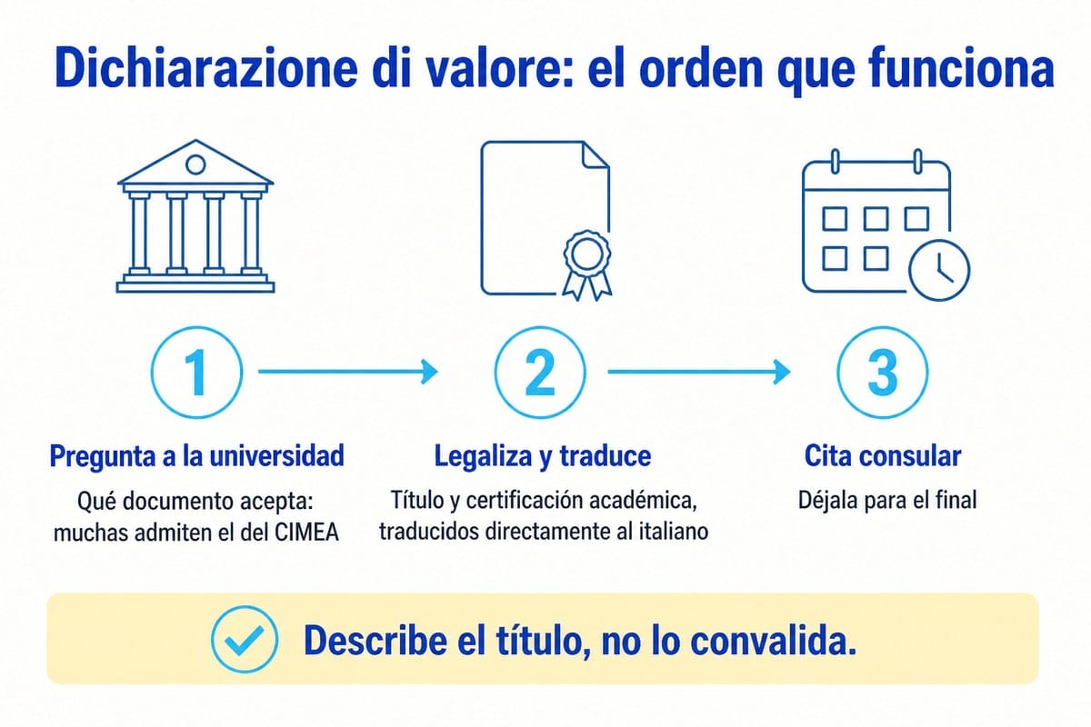 Dichiarazione di valore: el orden que funciona: Pregunta a la universidad; Legaliza y traduce; Cita consular