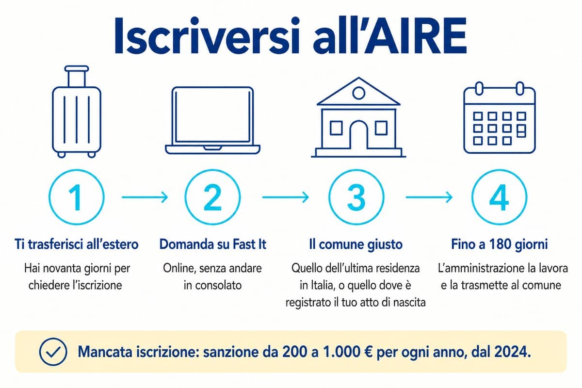 Iscriversi all’AIRE: Ti trasferisci all’estero; Domanda su Fast It; Il comune giusto; Fino a 180 giorni