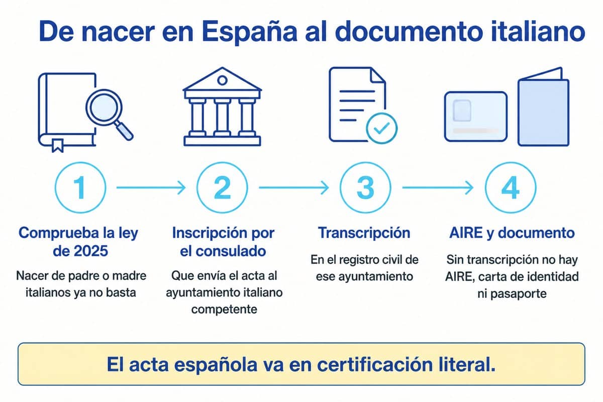De nacer en España al documento italiano: Comprueba la ley de 2025; Inscripción por el consulado; Transcripción; AIRE y documento