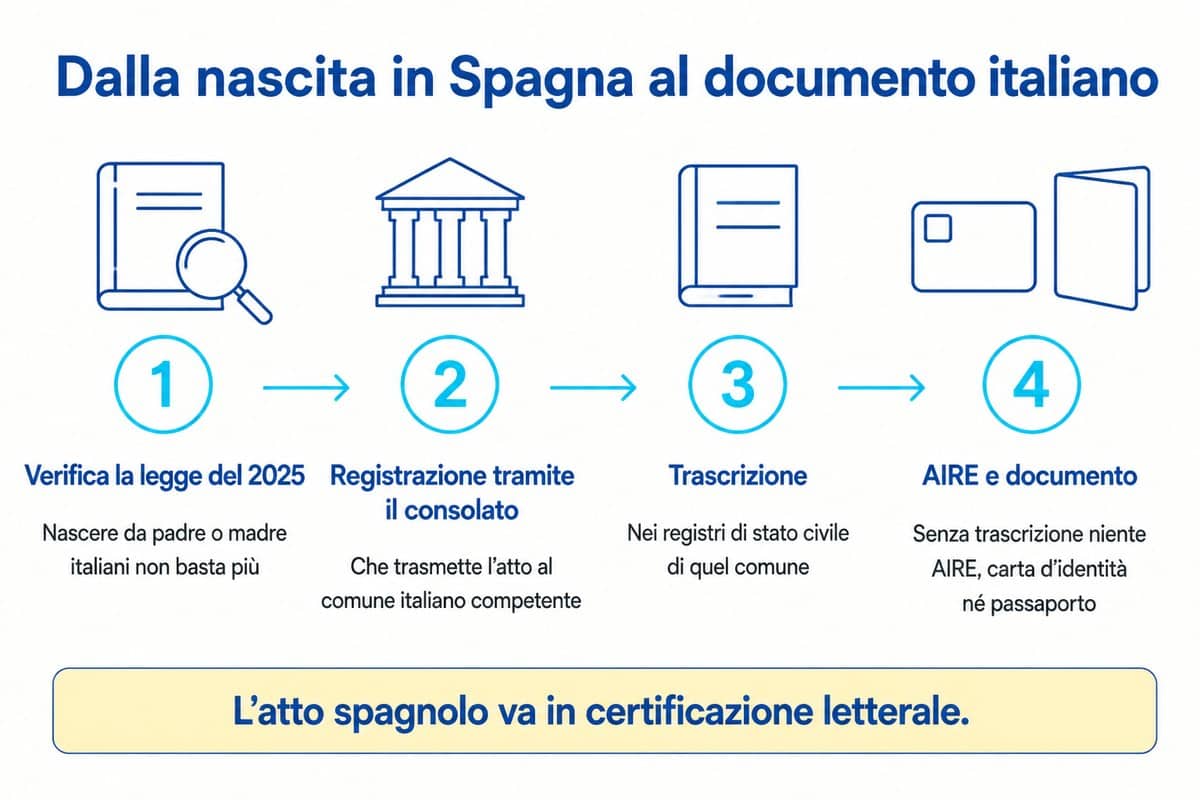 Dalla nascita in Spagna al documento italiano: Verifica la legge del 2025; Registrazione tramite il consolato; Trascrizione; AIRE e documento