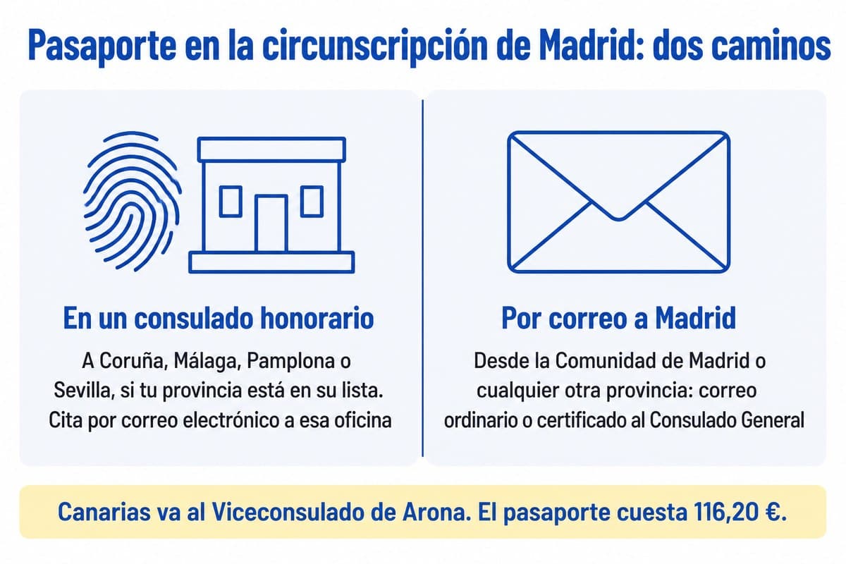 Pasaporte en la circunscripción de Madrid: dos caminos: En un consulado honorario; Por correo a Madrid