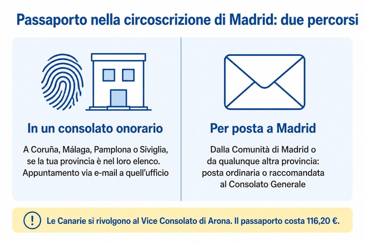 Passaporto nella circoscrizione di Madrid: due percorsi: In un consolato onorario; Per posta a Madrid