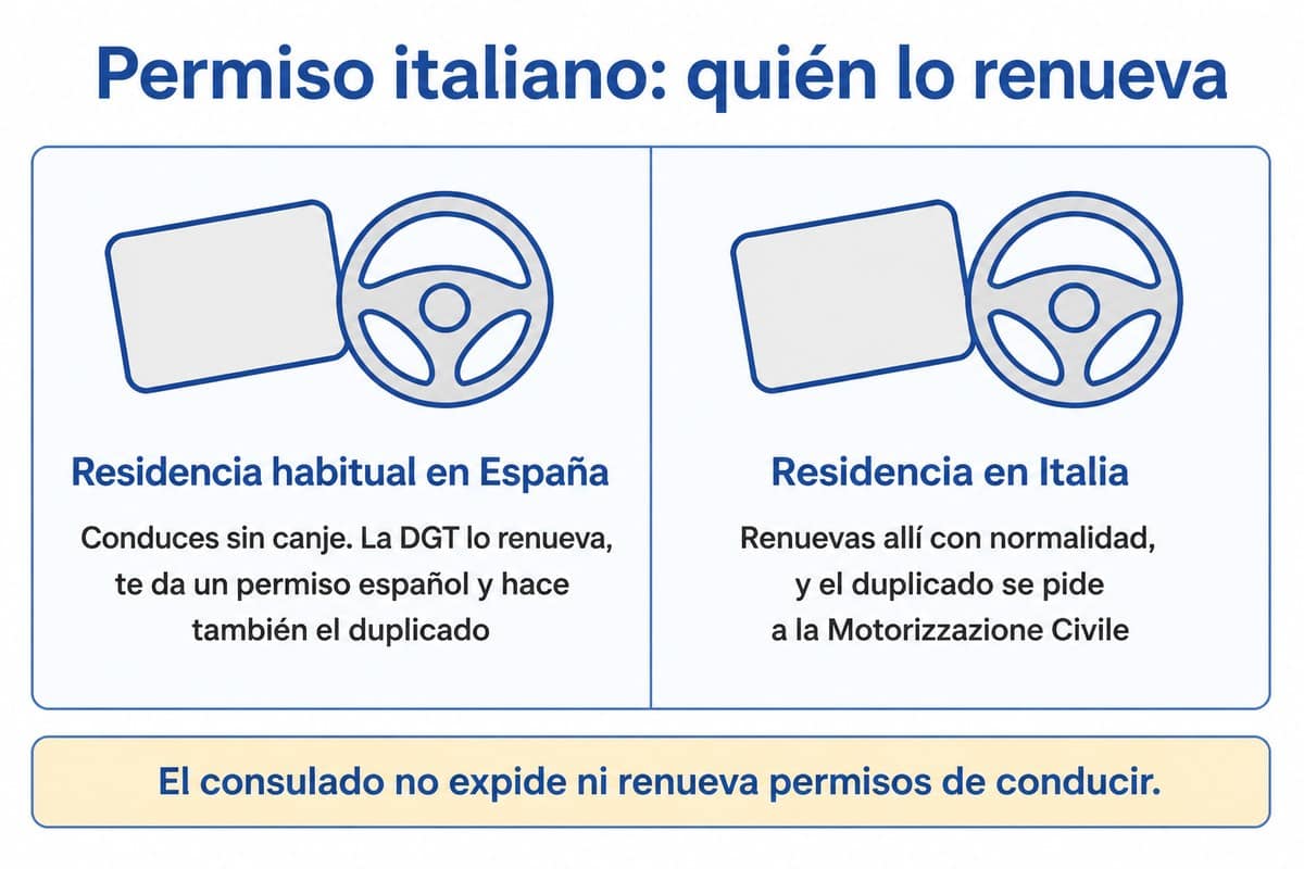 Permiso italiano: quién lo renueva: Residencia habitual en España; Residencia en Italia