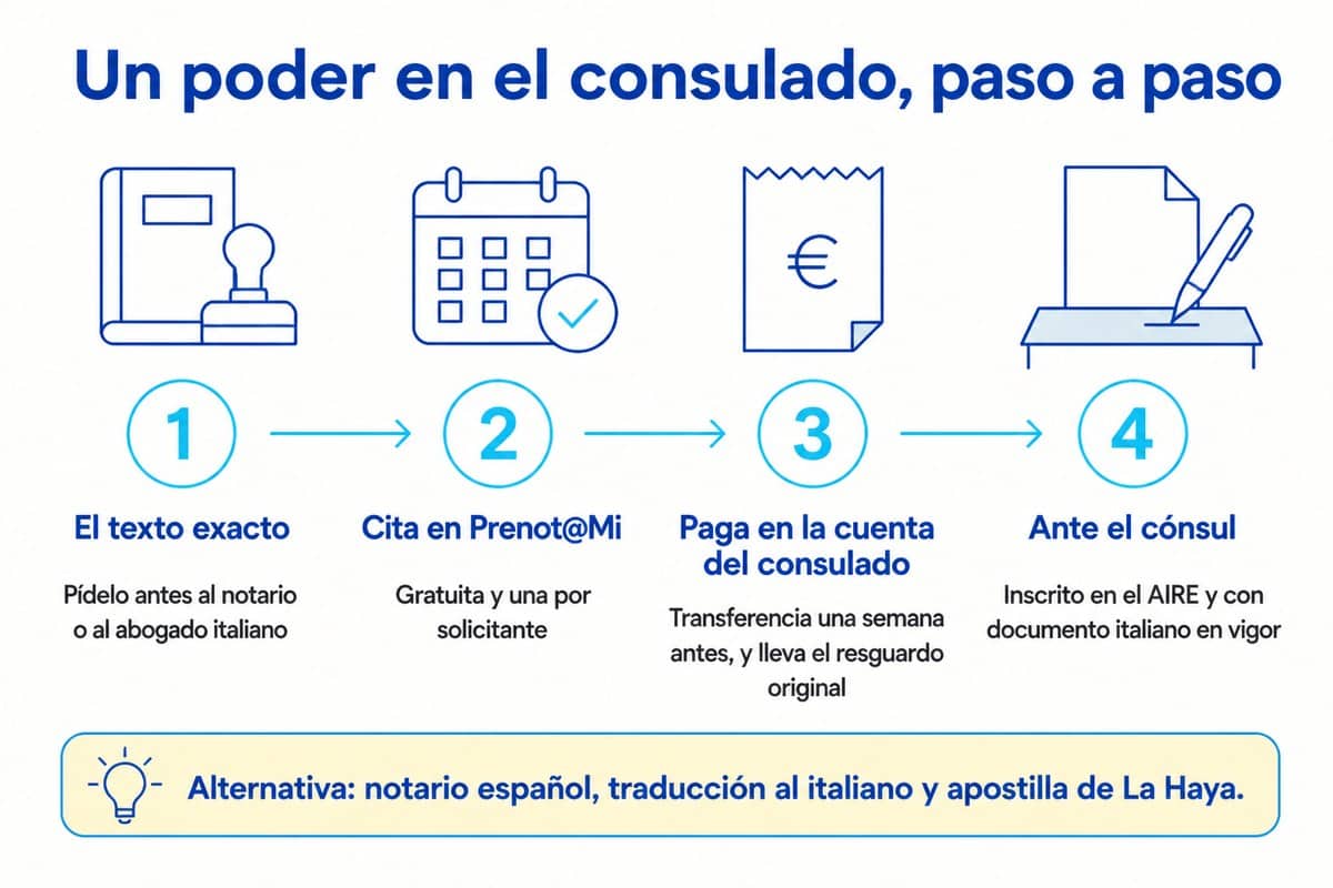 Un poder en el consulado, paso a paso: El texto exacto; Cita en Prenot@Mi; Paga en la cuenta del consulado; Ante el cónsul