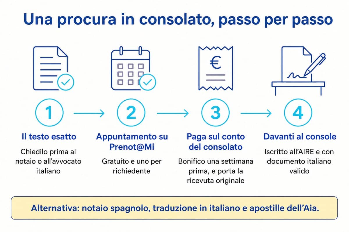 Una procura in consolato, passo per passo: Il testo esatto; Appuntamento su Prenot@Mi; Paga sul conto del consolato; Davanti al console
