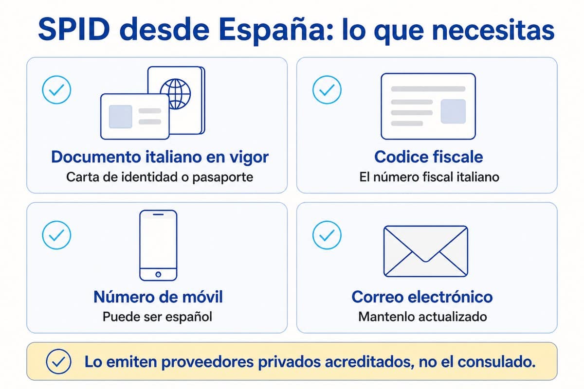 SPID desde España: lo que necesitas: Documento italiano en vigor; Codice fiscale; Número de móvil; Correo electrónico
