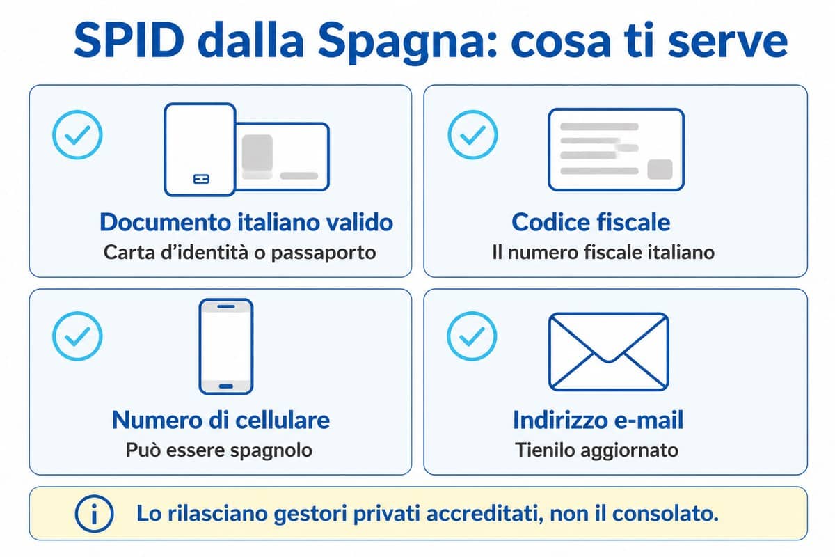 SPID dalla Spagna: cosa ti serve: Documento italiano valido; Codice fiscale; Numero di cellulare; Indirizzo e-mail