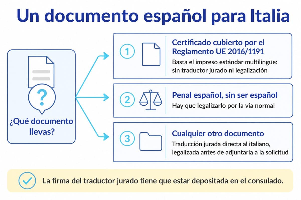 Un documento español para Italia: Certificado cubierto por el Reglamento UE 2016/1191; Penal español, sin ser español; Cualquier otro documento